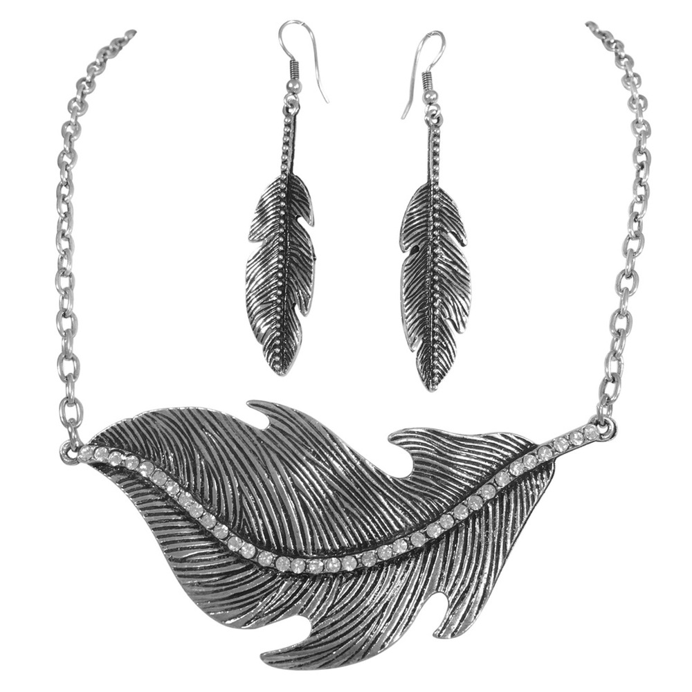 Large Leaf Silver Rhinestone Necklace Earrings Set